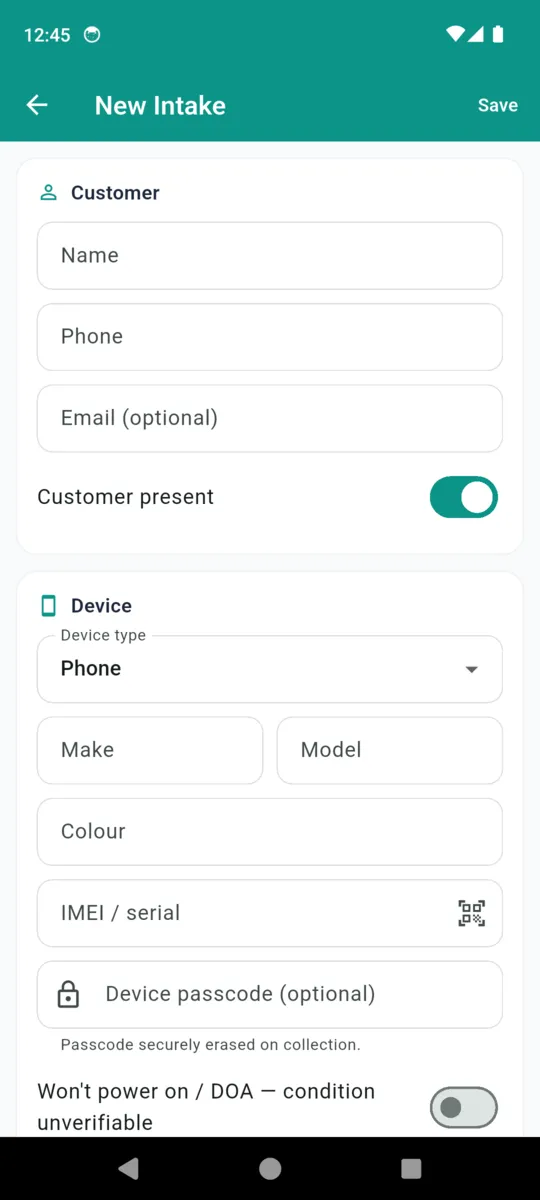 The RepairProof new intake form with customer fields, device type, an IMEI field with a barcode scan button, and an optional device passcode field