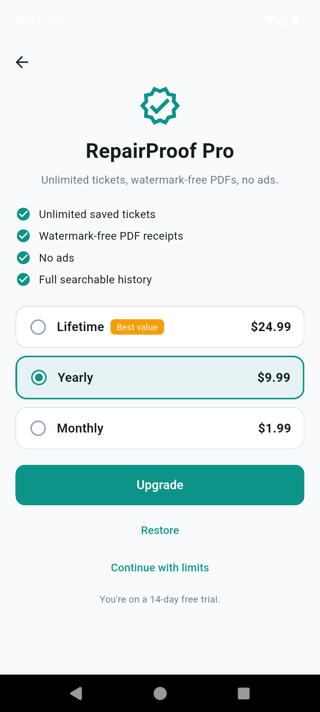 RepairProof upgrade screen with lifetime, yearly and monthly plan options