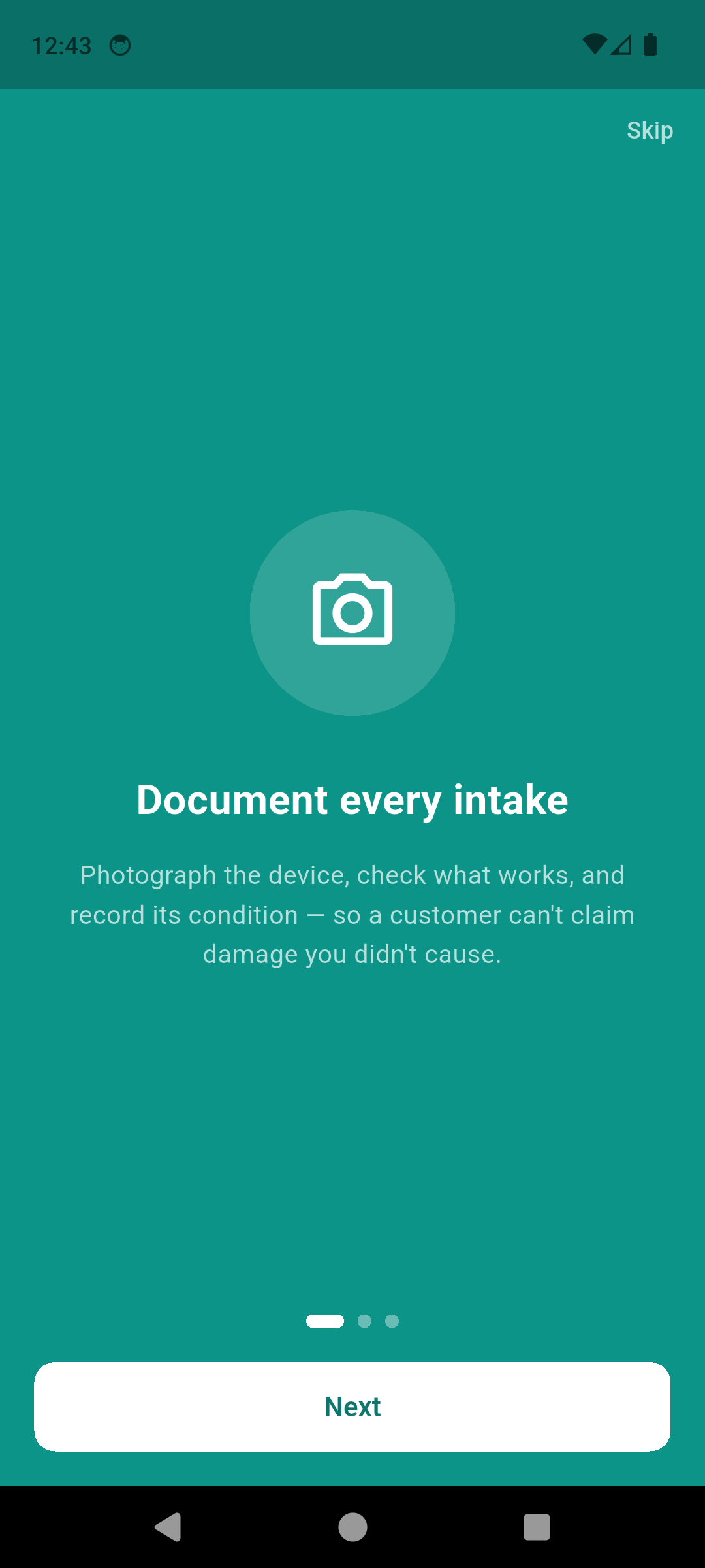 RepairProof onboarding explaining how documenting every intake protects the repair tech