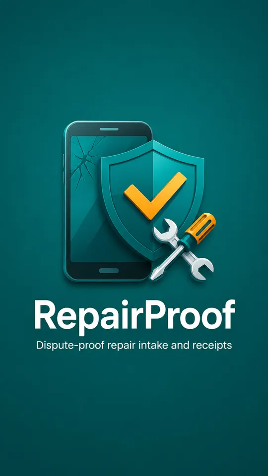 RepairProof launch screen: a cracked phone behind a teal shield with a check mark, the wordmark, and the line Dispute-proof repair intake and receipts