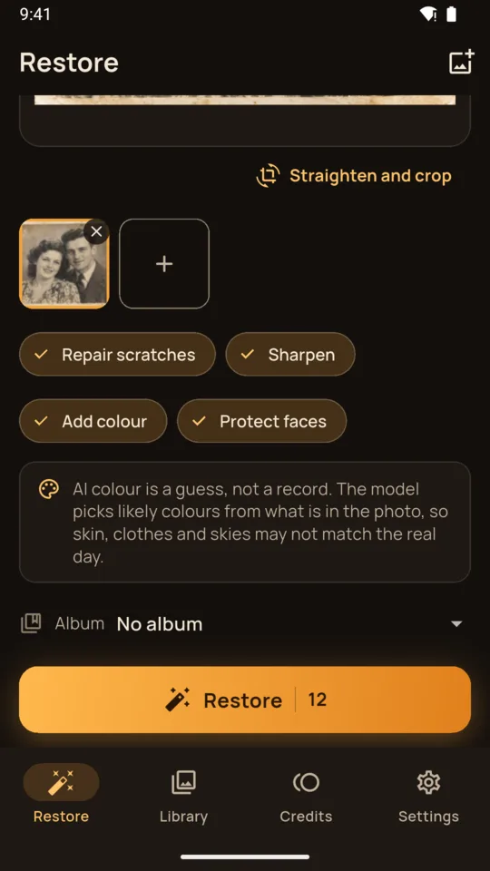 Restore options: repair scratches, sharpen, add colour, protect faces