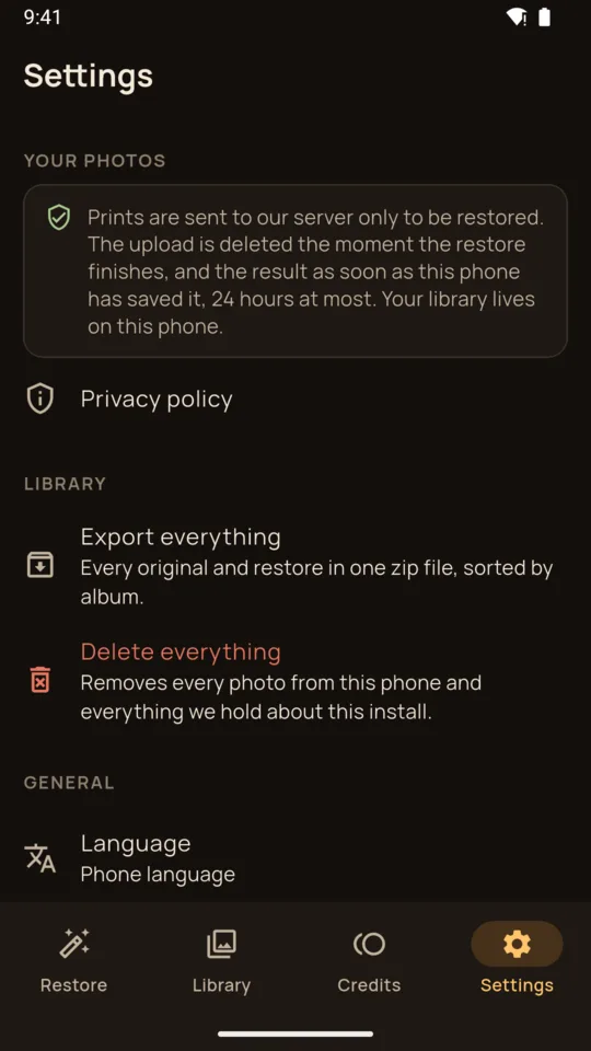 Settings explaining what is uploaded and when it is deleted