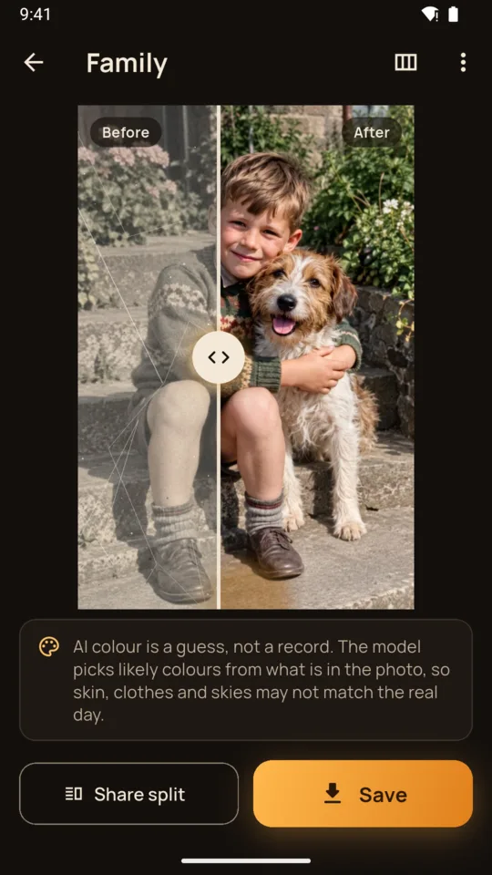 The result screen: a restored print with the before and after slider
