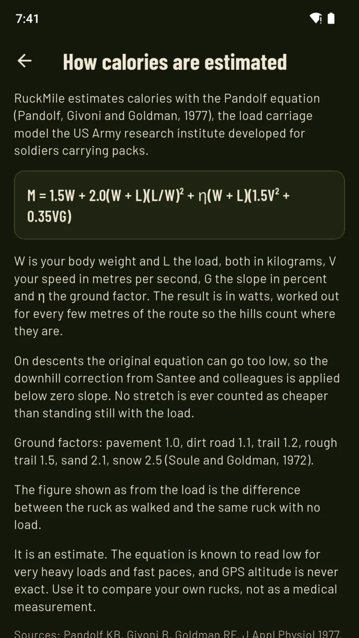 How calories are estimated: the equation, what each term means, the ground factors and the sources.