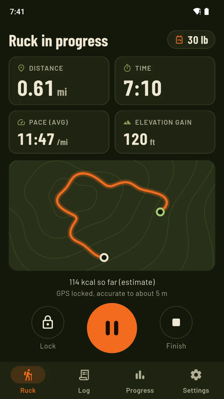 Ruck in progress: 0.61 mi with 30 lb after 7:10, the route drawn on a contour background