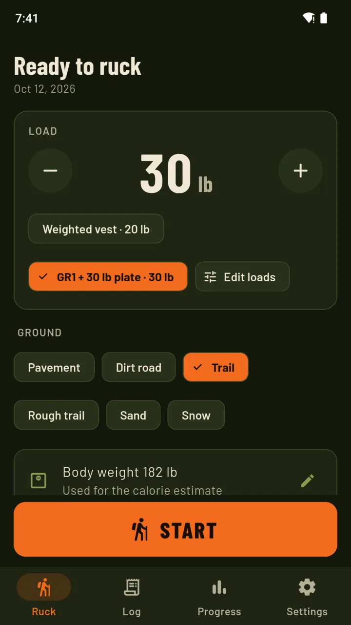 Ready to ruck: 30 lb from a saved load, trail picked as the ground, body weight set for the estimate.