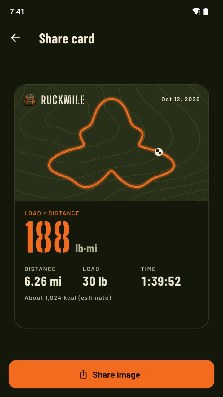 Share card: the route with 188 lb·mi, 6.26 mi, 30 lb and 1:39:52.