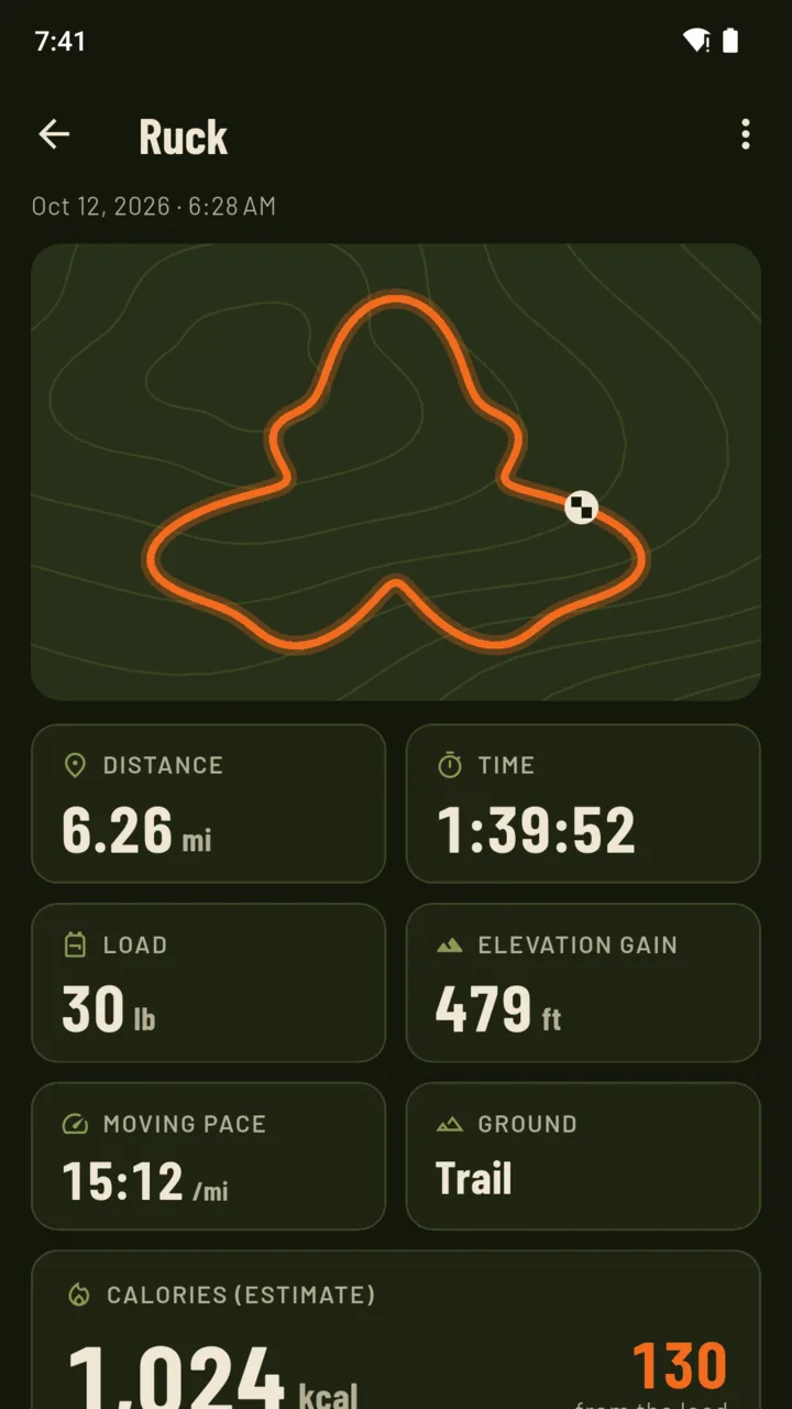 Ruck summary: 6.26 mi on a trail with 30 lb, 1:39:52 and 479 ft of climbing
