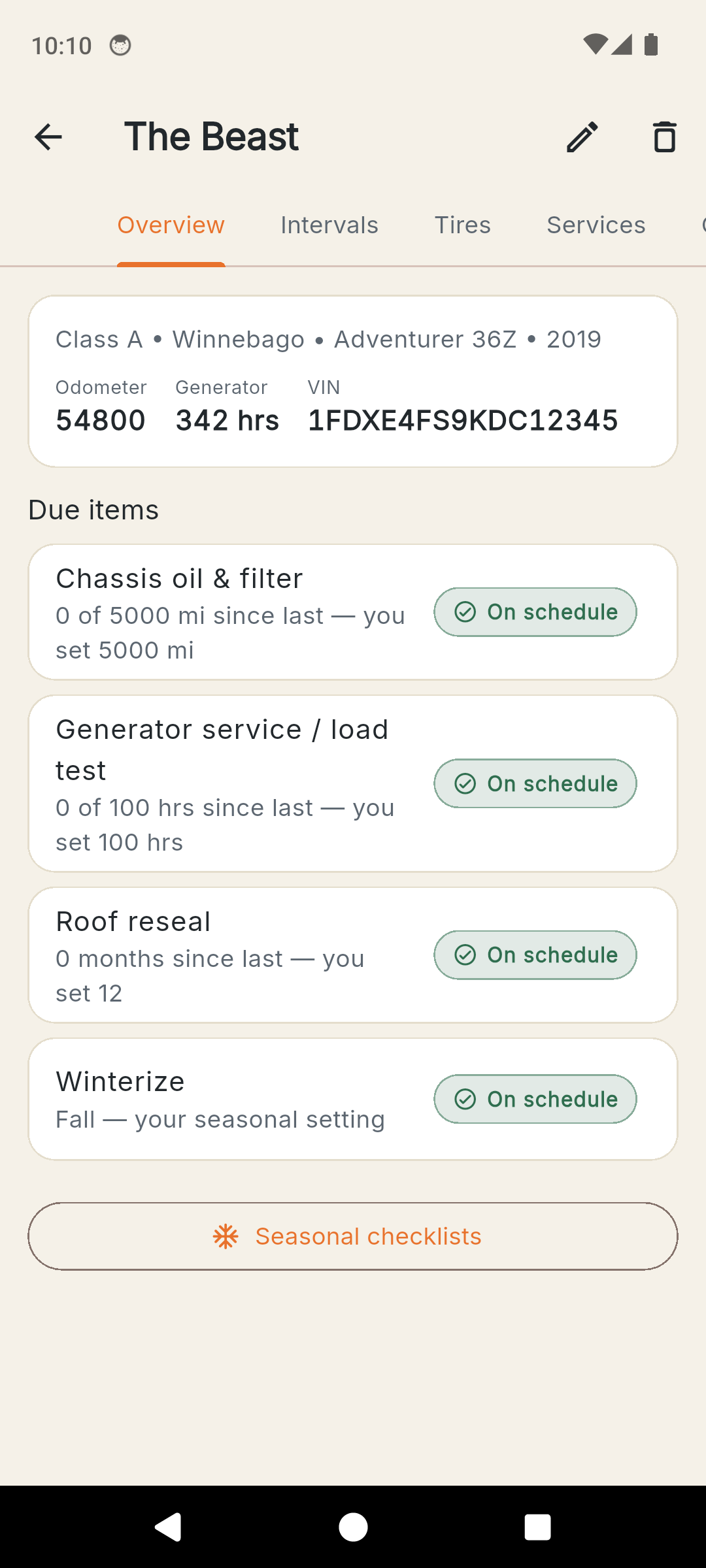 RVKeep showing due maintenance items including a seasonal winterize task set to Fall