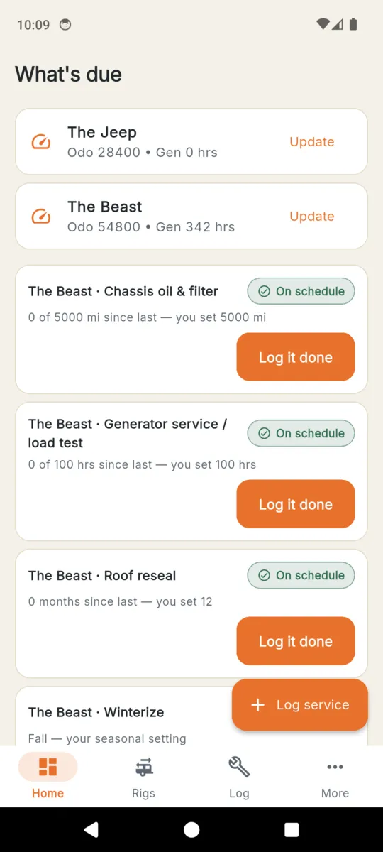 RVKeep's What's due screen listing two rigs with their odometer and generator hours, then chassis oil and filter, generator service, roof reseal and winterize, each with an on-schedule chip and a Log it done button