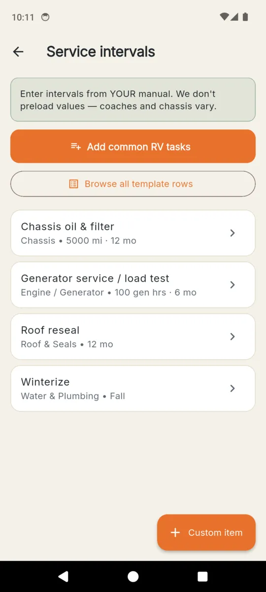 RVKeep's service interval setup showing the note Enter intervals from YOUR manual, we don't preload values, with buttons to add common RV tasks or browse all template rows