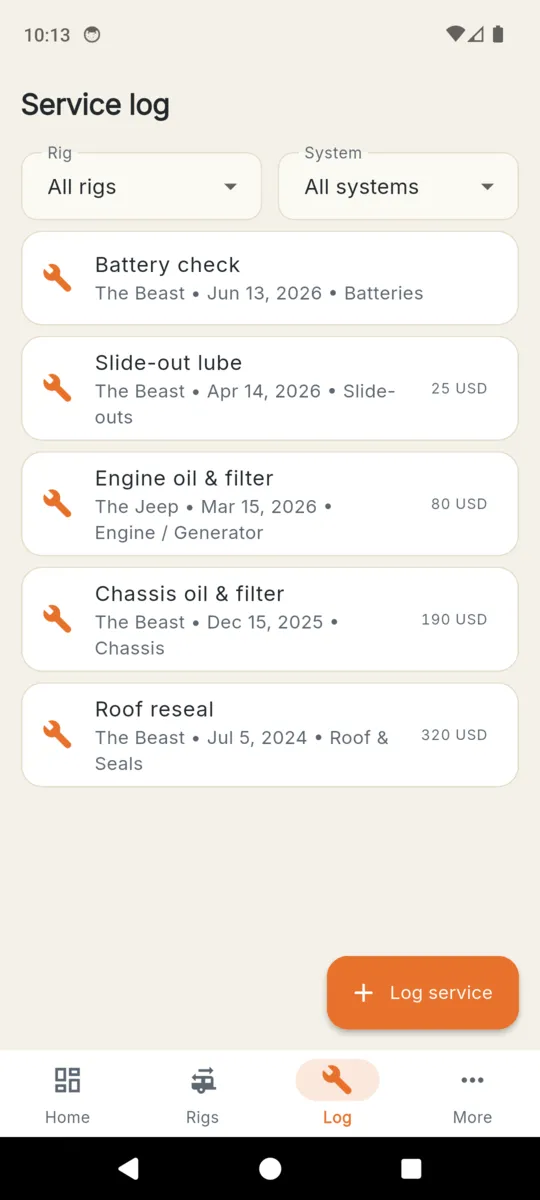 The RVKeep service log filtered by rig and system, listing battery check, slide-out lube, engine oil, chassis oil and roof reseal with dates and costs