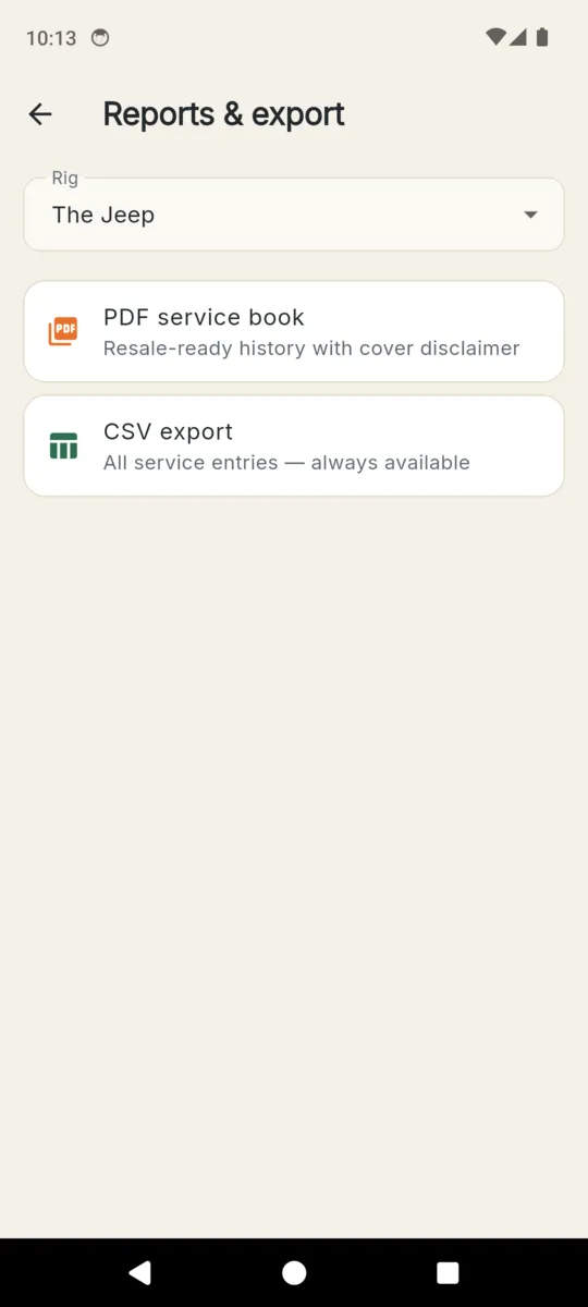 The RVKeep reports screen offering a PDF service book described as resale-ready history with a cover disclaimer, and a CSV export of all service entries