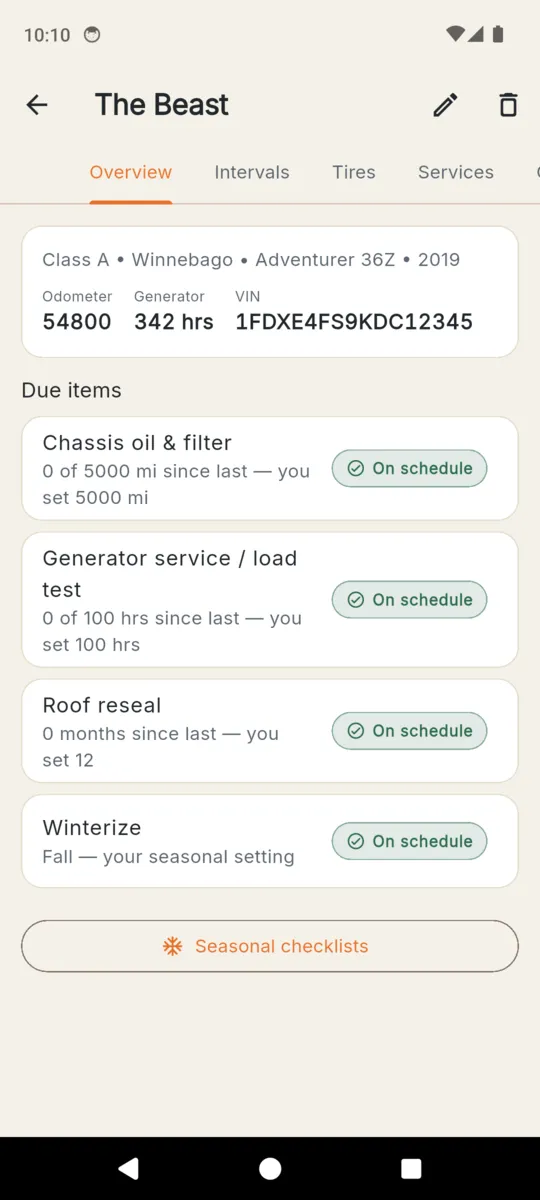 An RVKeep rig detail screen for a Class A Winnebago showing odometer 54,800, generator 342 hours, a sample VIN, and four due items each with a status chip