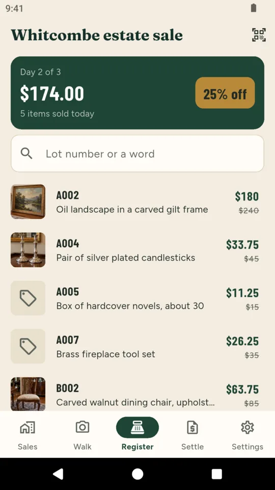 Register: day 2 of 3 with 25% off, today’s total and the items still on the floor.