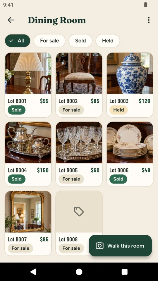 The Dining Room: items with lot numbers, prices and what sold