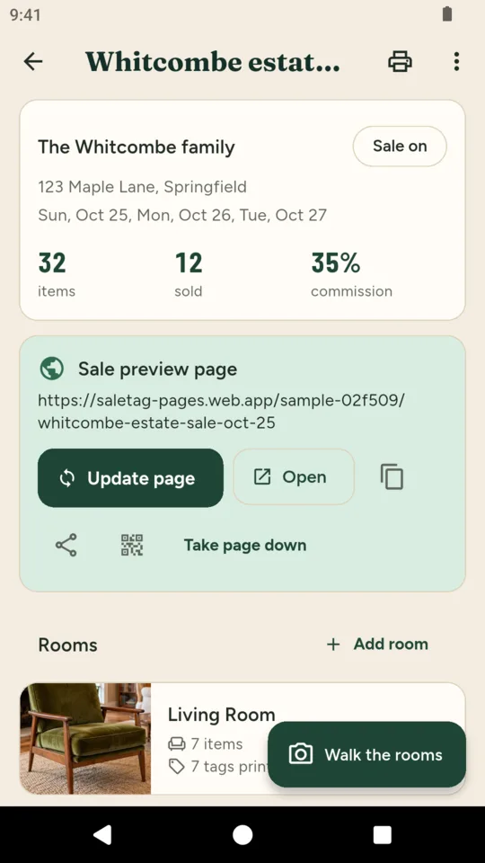 The sale: counts, the published preview page and the rooms.