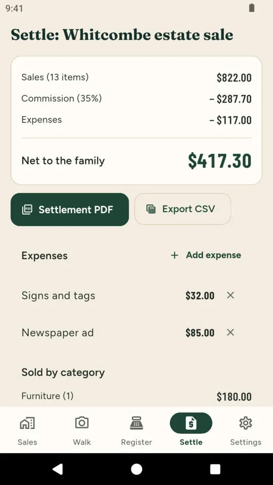 Settle: sales, 35% commission, expenses and the net to the family.