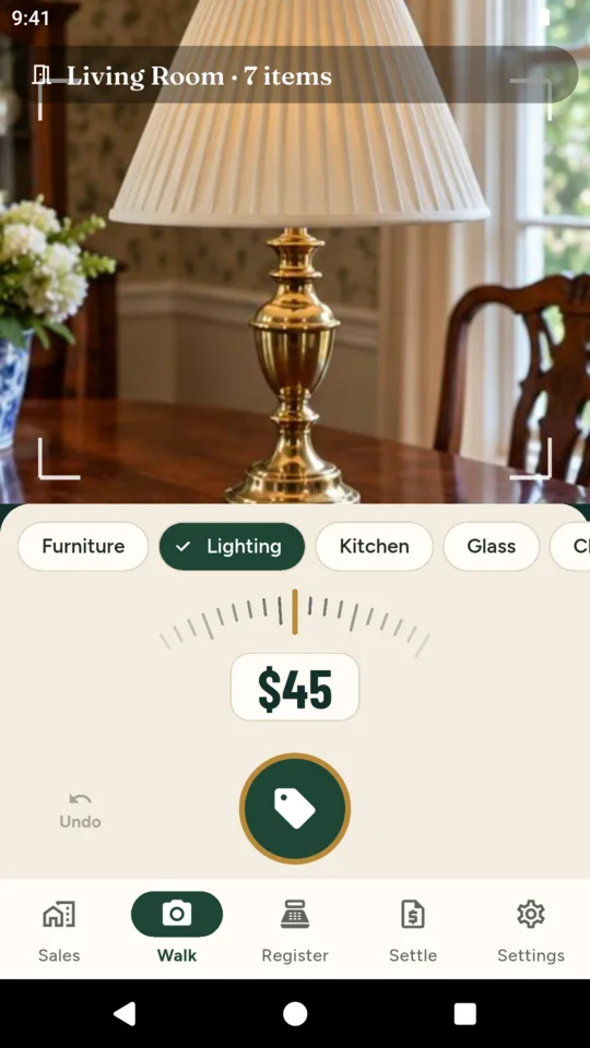 Room Walk: a brass lamp in the camera, Lighting picked and $45 on the price wheel