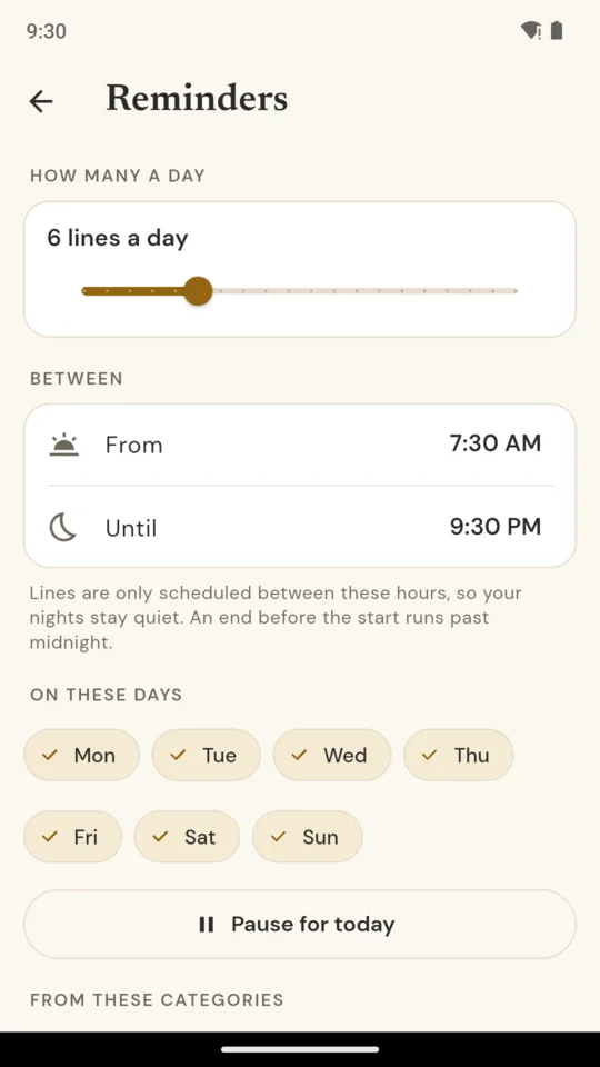 Reminders: 6 lines a day between 7:30 AM and 9:30 PM, every day, with Pause for today.