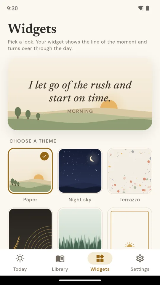 Widgets: a preview of the line of the moment and the theme picker.