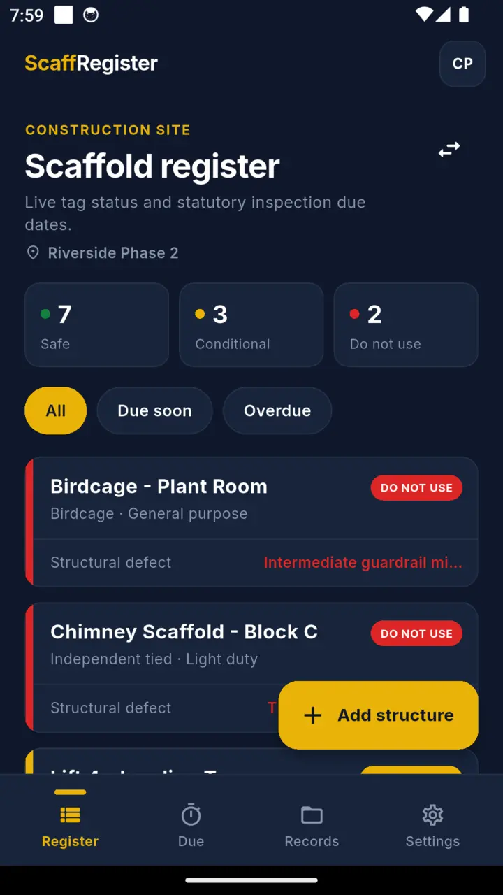 The ScaffRegister register showing scaffold structures with coloured status tags and the days left in each inspection interval