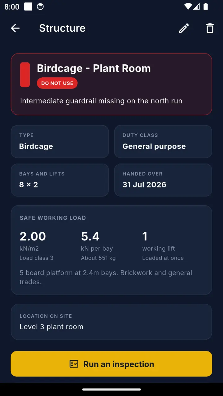 A ScaffRegister structure detail screen showing the current tag, the expiry date of the current inspection and the inspection history