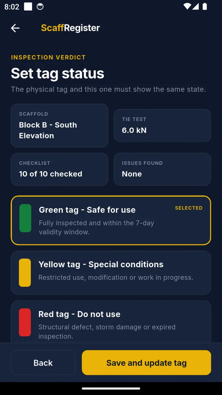 The ScaffRegister tag verdict screen explaining which rule produced the current green, yellow or red status