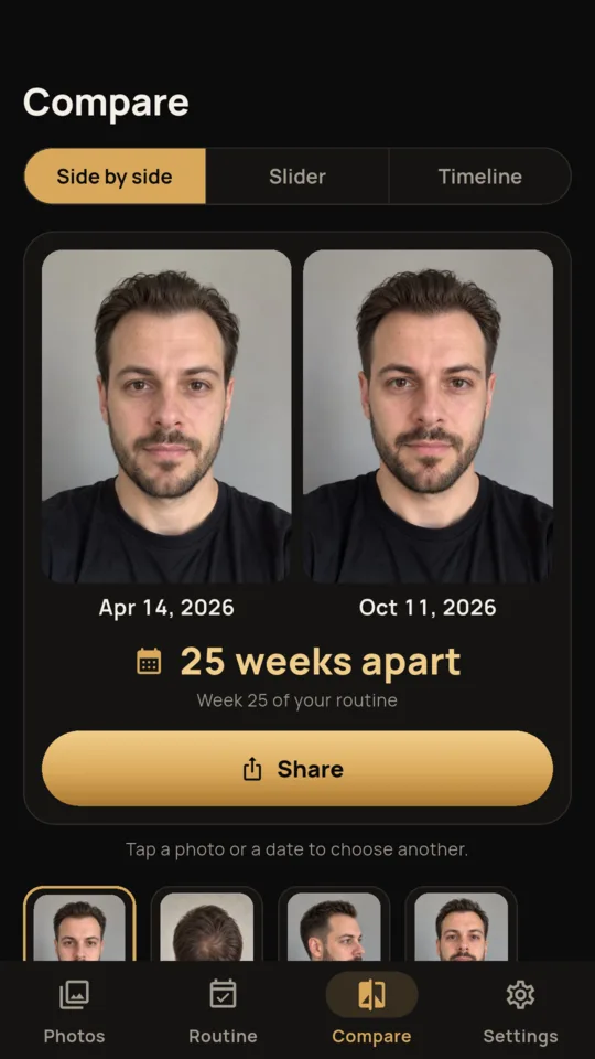 Compare: hairline photos from April 14 and October 11, 25 weeks apart, week 25 of the routine
