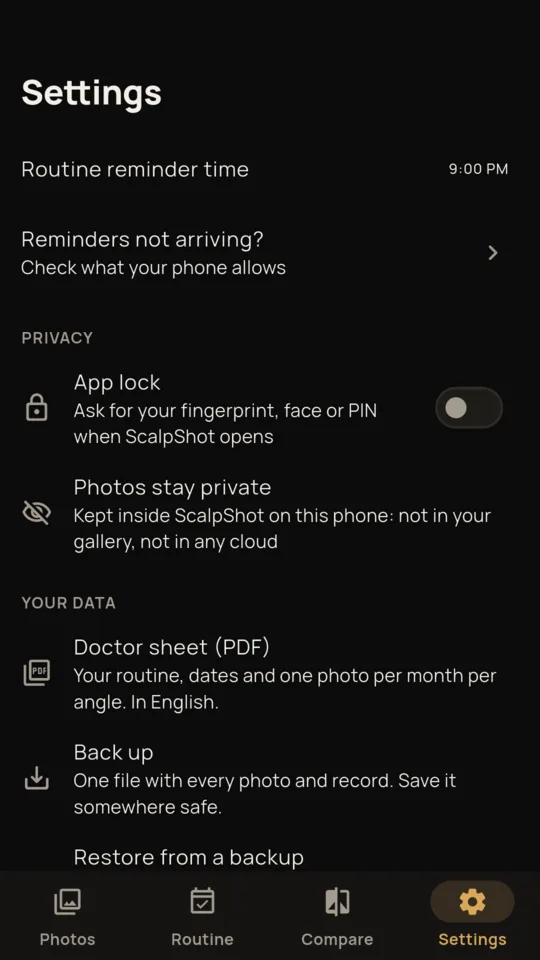 Settings: the app lock, where photos are kept, the doctor sheet and backup.