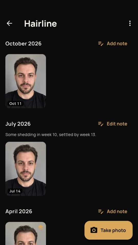 Hairline: October, July and April, with a note on the July photo.