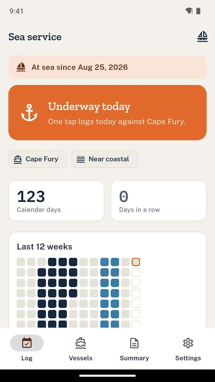 The SeaProof log screen showing the underway button and a twelve week calendar strip