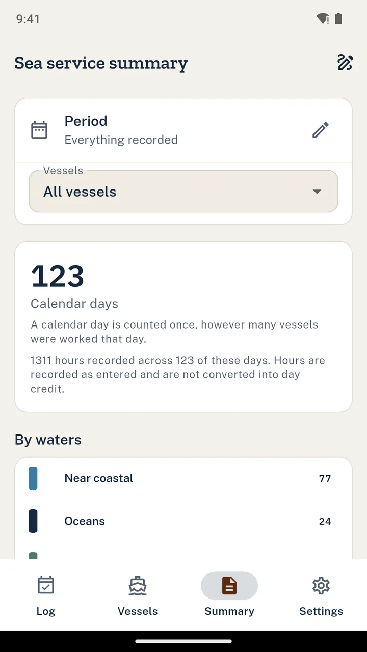 The summary screen showing total calendar days and a per vessel breakdown