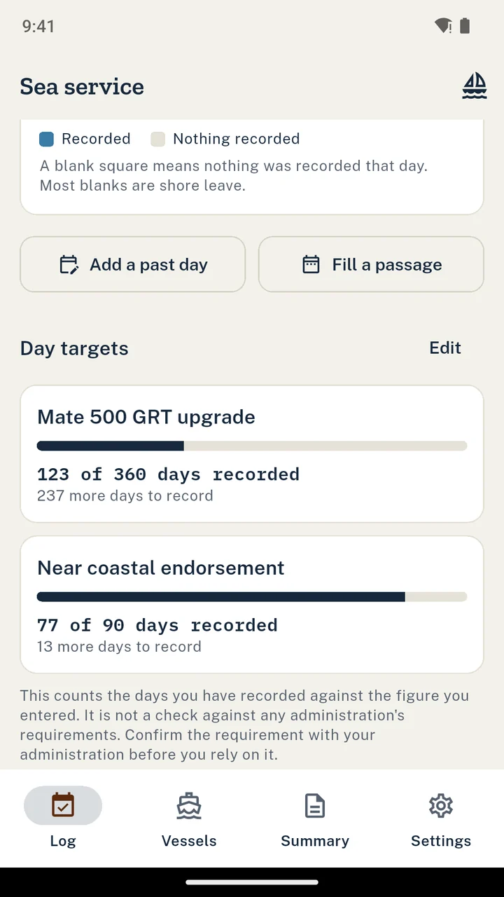 The day targets screen counting recorded days against a figure the mariner entered
