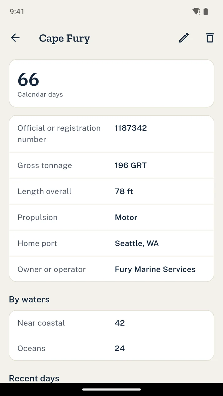 A vessel detail screen listing every day served on that ship split by waters