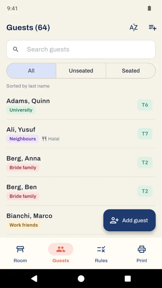 Guests: 64 guests sorted by last name, each with a group and a table.