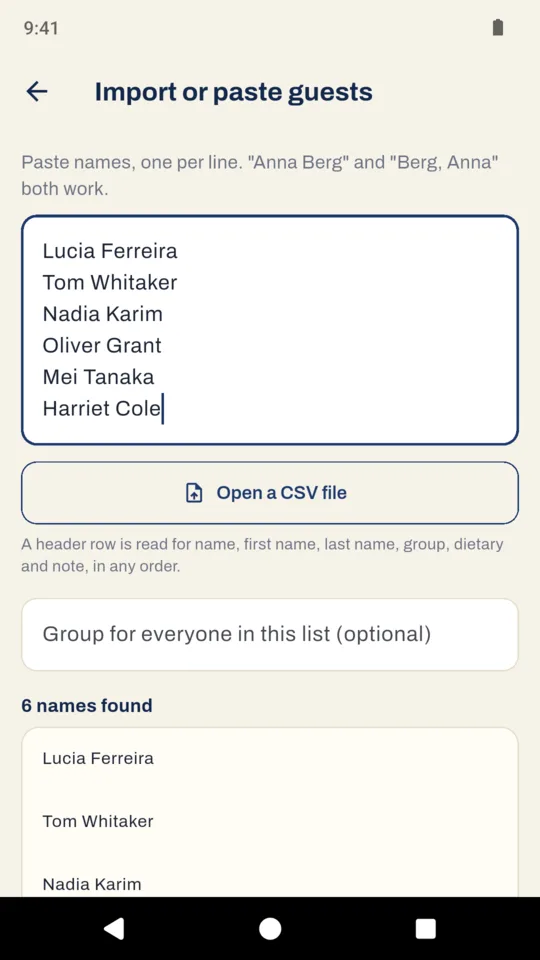 Import: six names pasted in, one per line.