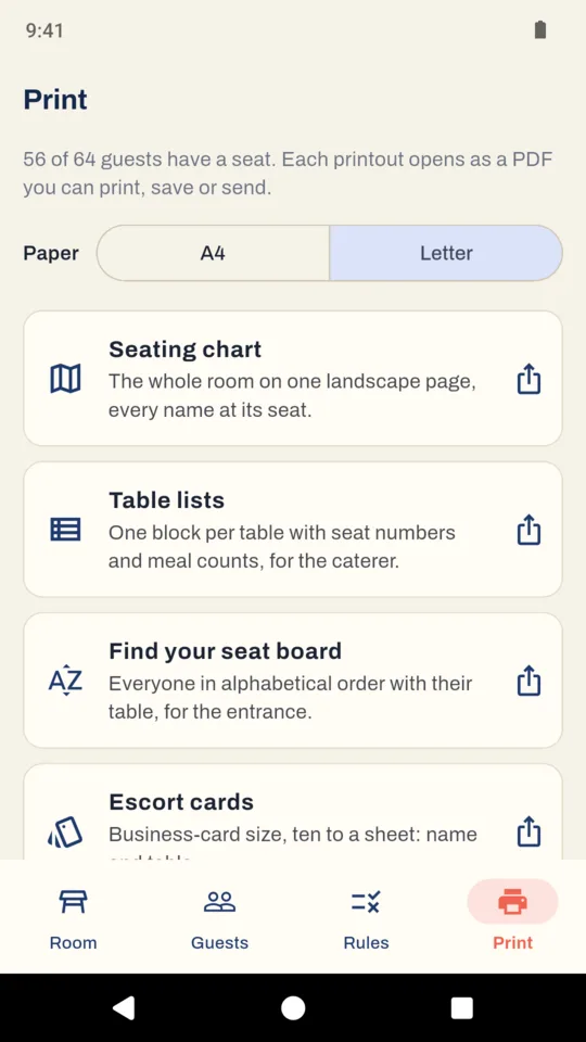 Print: seating chart, table lists, the seat board, escort cards and place cards.