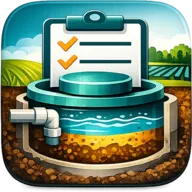 SepticProof icon: a cut-away septic tank in the ground beneath a green field, with an inspection clipboard over it