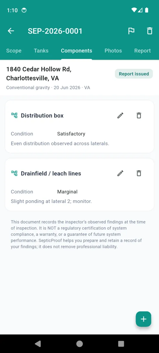 The Components tab showing a distribution box marked satisfactory with a note about even distribution across laterals, and drainfield leach lines marked marginal with a note about slight ponding at lateral 2