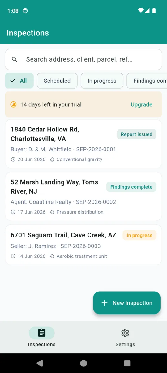 The SepticProof inspections list with a search field, status filter chips, and three inspections showing property address, client role, reference number, date and system type