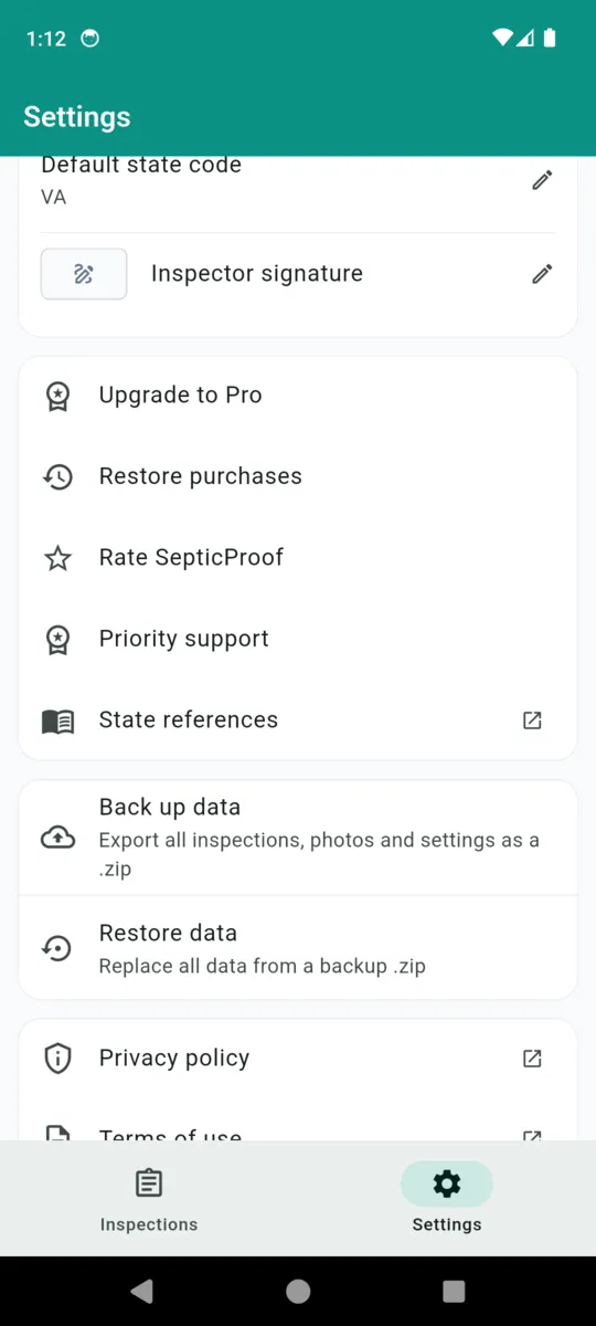 SepticProof settings showing the default state code, inspector signature, state references, back up data and restore data options