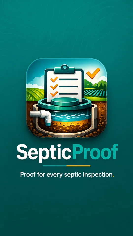 The SepticProof opening screen: the app icon on a deep teal field above the wordmark and the line “Proof for every septic inspection.”