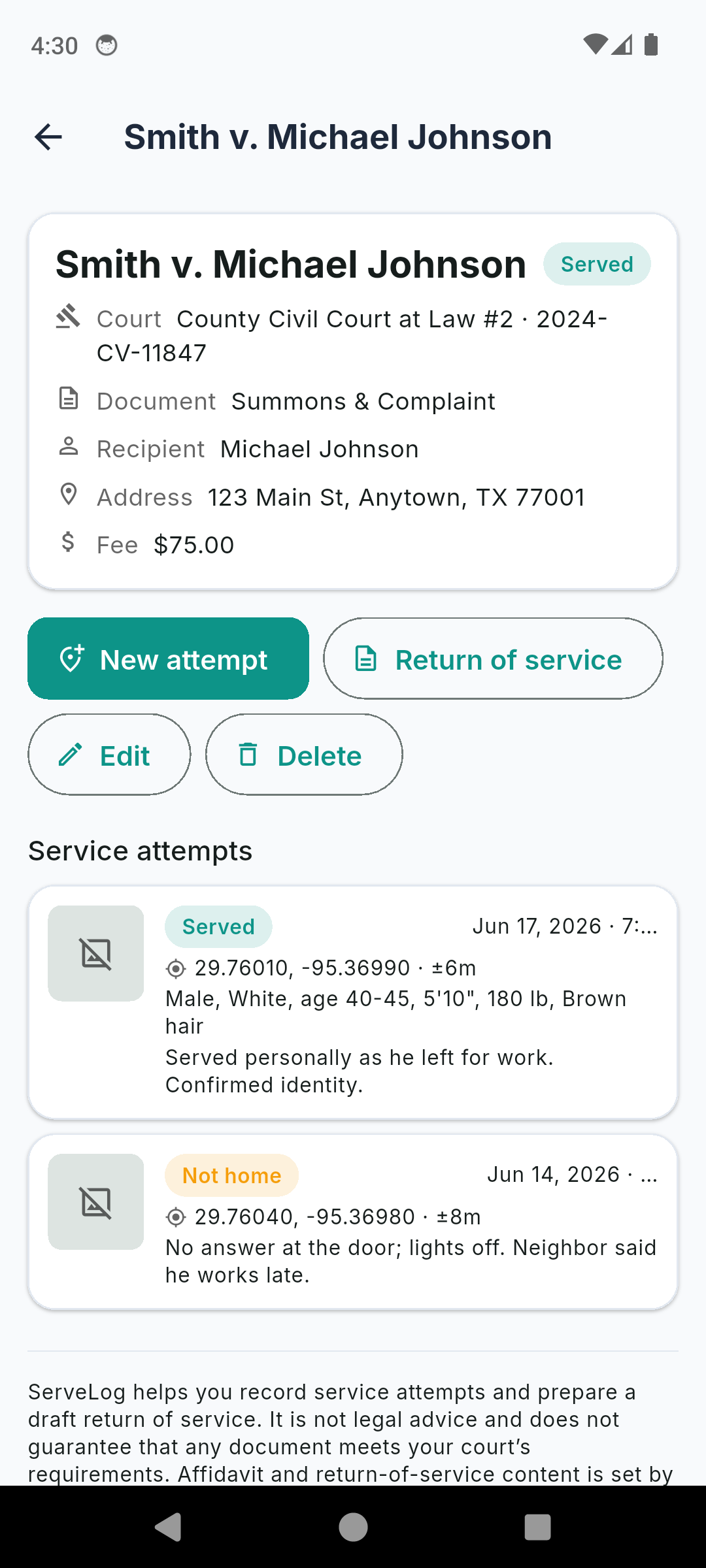 ServeLog affidavit preparation screen with jurisdiction template selector for California, Texas, Arizona and generic US