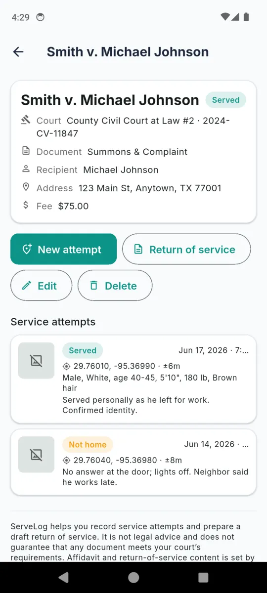 A ServeLog case detail with court, cause number, document, recipient, service address and fee, buttons for a new attempt and a return of service, and two logged attempts carrying GPS coordinates, a person description and notes, above the liability disclaimer