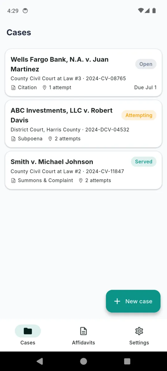 The ServeLog cases list showing three sample matters captioned plaintiff versus defendant, each with a status chip reading open, attempting or served, the court and cause number, the document type and the attempt count