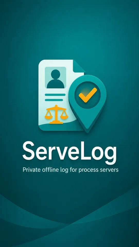 The ServeLog opening screen: the document-and-pin icon on a deep teal field above the wordmark and the line “Private offline log for process servers.”