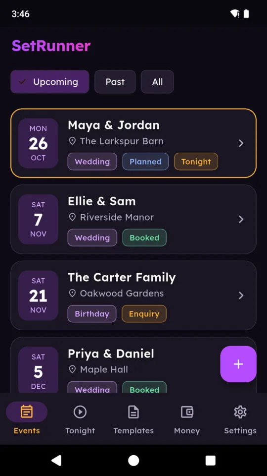 The events list: upcoming weddings and parties by date, tonight on top