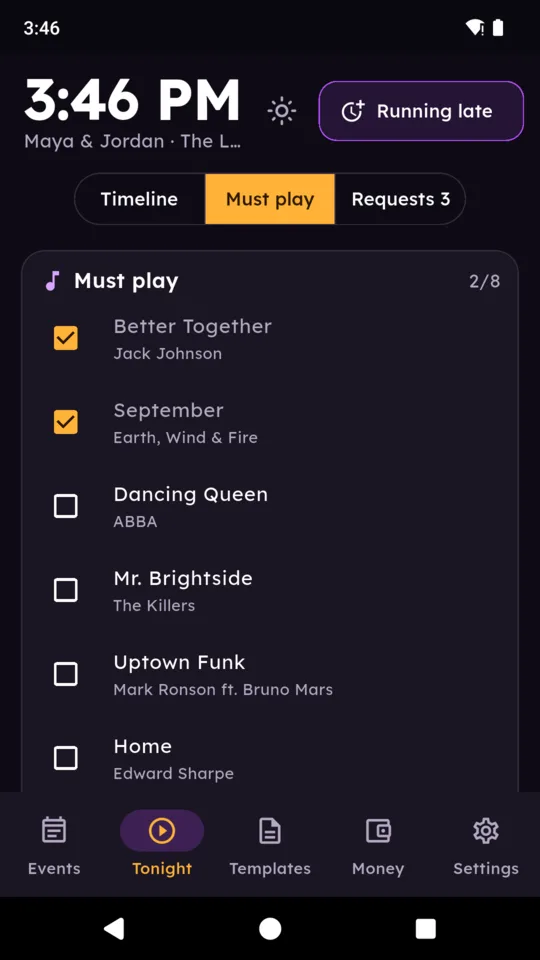 Must play: the couple’s list, ticked off as the night goes.