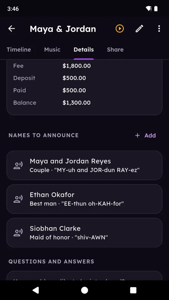 Names: each name to announce with how it should sound.